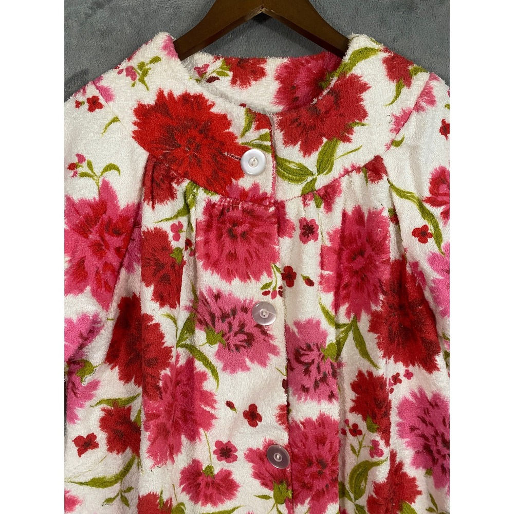 VTG Terry Tuck Robe OS Pink Red Floral Pouf Duster Terrycloth NEW 60s Grannycore - Picture 3 of 12